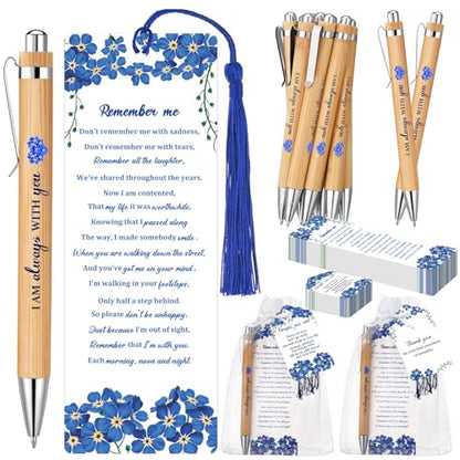 Sayglossy 200 Pcs Blue Flower Funeral Gifts Celebration of Life Gifts Set Memorial Decorations for Sympathy Include 50 Ballpoint Pens 50 Bookmark 50 Poem Cards and 50 Organza Bags - style: Blue Flower