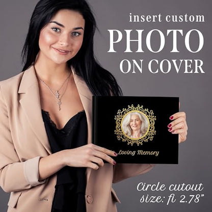 Funeral Guest Book – Black Memorial Guest Book for Funeral, “in Loving Memory” Gold Foil Sign in Book, Photo Slot Cover, 120 Pages, Pen & Stand Included