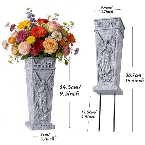Cemetery Vases, Grave Memorial Vase with Spike, Resin Angel Flowers Holder for Cemetery, Headstone, Grave, Garden, Lawn, Yard Decorations (1Pc, Grey), Flower is not Included.