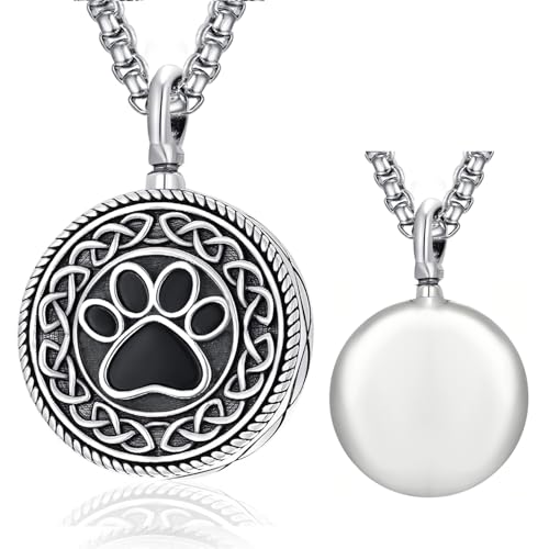 Pet Cremation Urn Necklace for Dog Cat Ashes 925 Sterling Silver Paw Print Keepsake Pendant Celtic Knot Memorial Jewelry for Women Men - style: 00E-Round Urn-(Silver Personalized)