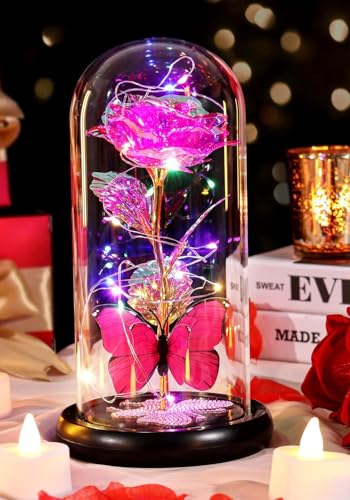 Birthday Gifts for Women Mom Galaxy Crystal Flower Pink Rose in Glass Dome - color: Light Pink