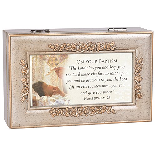 Cottage Garden Your Baptism Silvertone Embossed Floral Jewelry Music Box Plays Amazing Grace