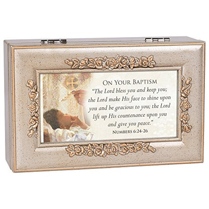 Cottage Garden Your Baptism Silvertone Embossed Floral Jewelry Music Box Plays Amazing Grace