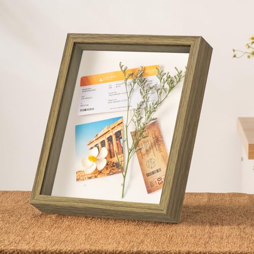 8x10 Shadow Box Frame with Ultra-Clear Glass & Soft Linen Back | With Push Pins and Stand, Deep 1.2" Brown Shadow Box Display Case – Display on Tabletop or Wall for Photo, Flower, Keepsakes - color: Brown+high Definition Panel + Shatter-proof Packaging, s