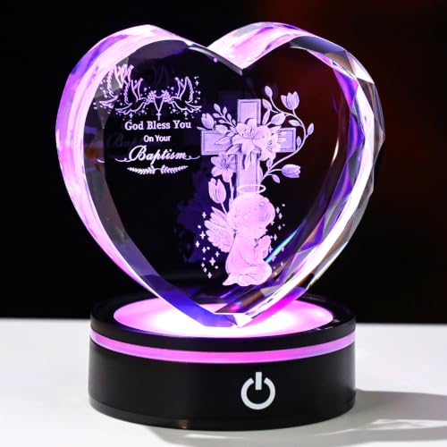 Ornalrist Baptism Gifts for Girl Crystal Heart Christening Keepsake | Glass Religious Christian with LED Base Gifts for Women Teens Baby Girls Teenagers Baptisms and Catholic Home Decor - color: Baptism Gifts for Girl