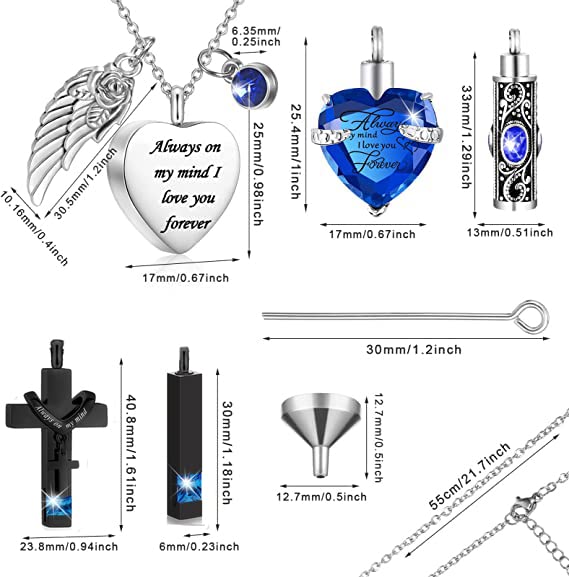 5 Pcs Urn Necklace for Ashes Keepsake Cremation Jewelry Heart Cross Cubic Stainless Steel Urn Keepsake Necklace Crystal Memorial Locket Ashes Jewelry for Women Men Loved Ones - color: blue