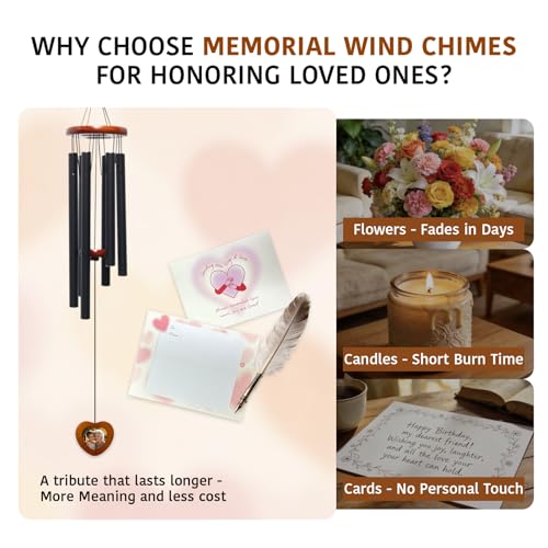 Memorial Wind Chimes with Wooden Photo Frame, 32 Inch Sympathy Windchime Outdoors for Loss of Loved One, Personalized Berevement/Memorial Gifts for Loss of Mother, Father, Husband, Friend, Pet