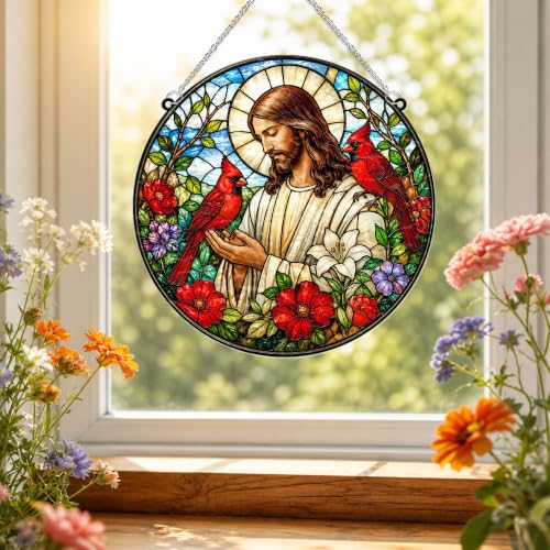 Jesus with Cardinals Memorial Suncatcher, 8" Christian Stained Glass Wavy Acrylic Window Hanging, Sympathy Gift for Loss of Loved One, Mom, Dad, Grandma, Family Members, Religious Gifts for Women - color: Jesus With Cardinals