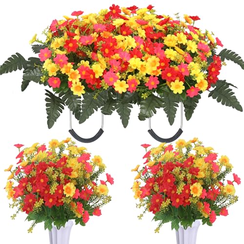Lodou 3Pack Cemetery Flowers for Grave Large Cemetery Flowers Saddle Artificial Wildflowers Memorial Flowers with Vase Ground Stakes for Outdoors Grave Decorations - color: Red Yellow