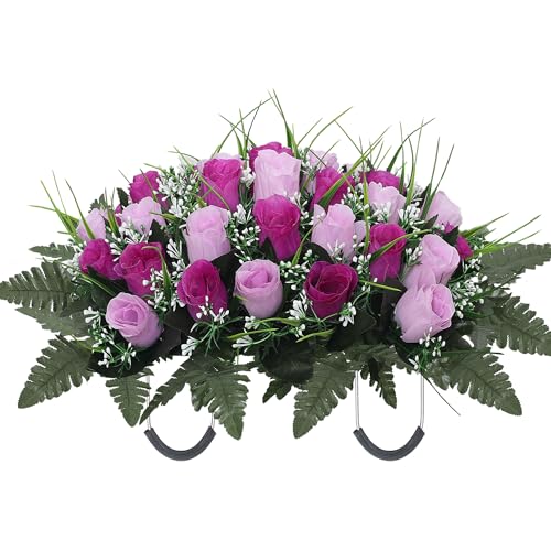 Artificial Cemetery Flower Headstone Flower Saddle Grave Rose Flowers for Cemetery Non-Bleed Colors Windpoof (Purple) - color: Purple