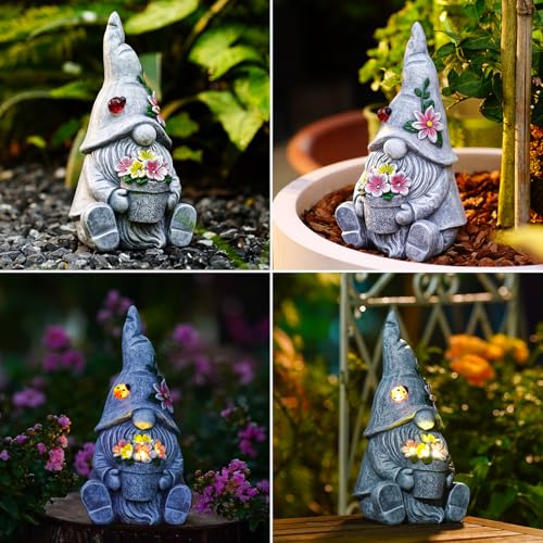 Goodeco Solar Sitting Gnome with LED Flower Light Garden Decor - color: Gray Gnome