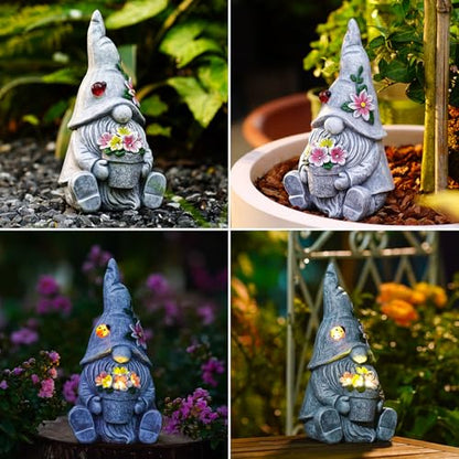 Goodeco Solar Sitting Gnome with LED Flower Light Garden Decor - color: Gray Gnome