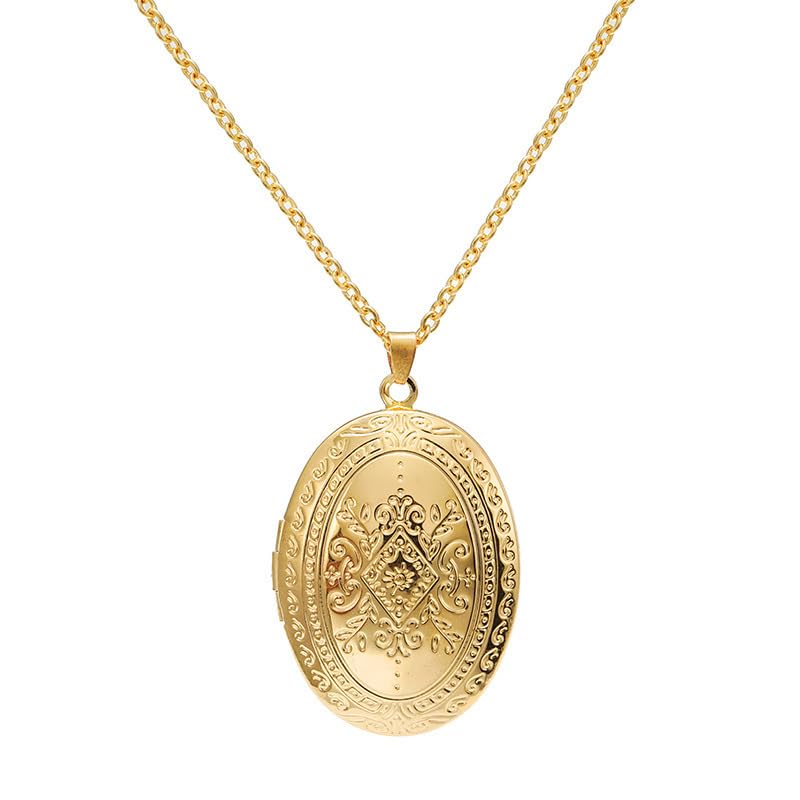 Locket Picture Pendant Heart Necklace,Retro Carved Flower Relief Pattern Oval Center Necklace Souvenir Memorial Clavicle Jewelry for Women - color: D gold oval