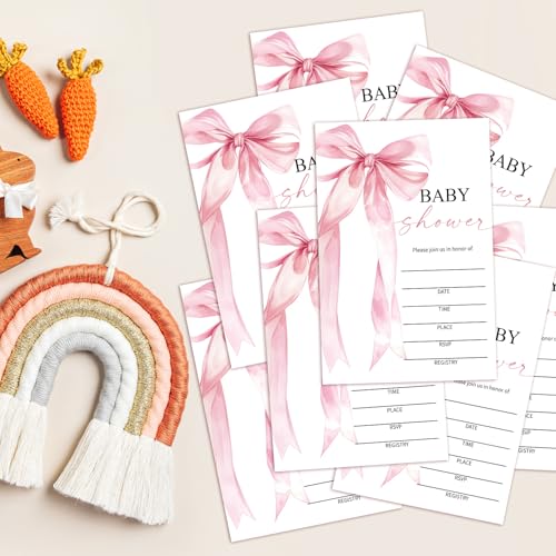 Baby Shower Invitations for Girls, Pink Bow Baby Announcement Invite Cards, 25 Set of Fill-in Baby Shower Invites with Envelopes, Gender Reveal Party Supplies -B05 - color: Pink Bow-03