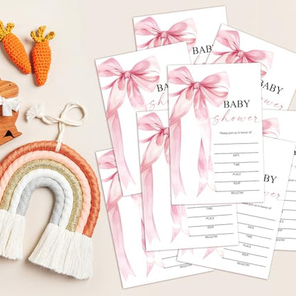 Baby Shower Invitations for Girls, Pink Bow Baby Announcement Invite Cards, 25 Set of Fill-in Baby Shower Invites with Envelopes, Gender Reveal Party Supplies -B05 - color: Pink Bow-03