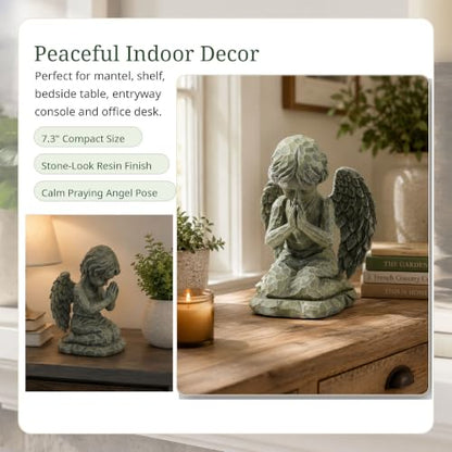 Praying Angel Figurine, 7.3 Inch Resin Angel Statue for Memorial Gifts, Sympathy Gifts, Indoor Home Decor, Garden Accent, Stone-Look Angel Sculpture for Tabletop, Shelf, Mantel, Bedroom
