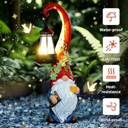 Garden Gnomes Outdoor Statue Solar Powered Gnome Decor - style: Red Hat Gnome 13.39in