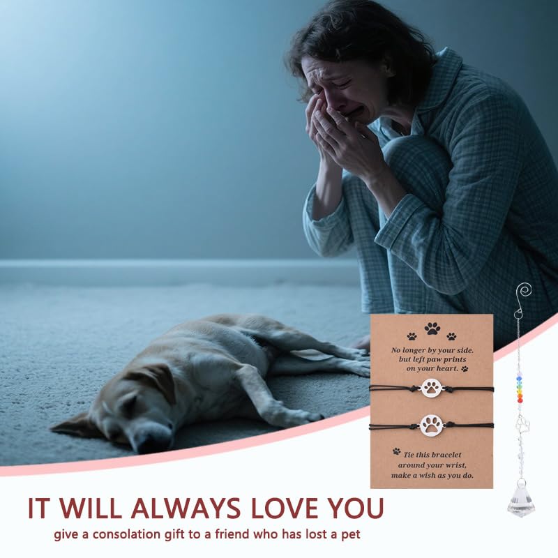 Sisadodo Rainbow Bridge Dog Memorial Gifts for Loss of Dogs Cats Rainbow Bridge Bracelet Keychains Paw Crystal Sun Catcher - color: crystal suncatcher bracelet and card