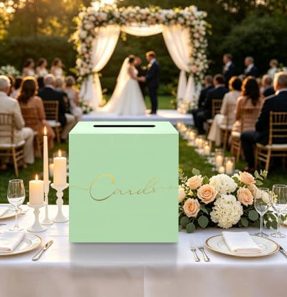 HEIPINIUYE Sage Green Wedding Card Box with Gold Foil 9.8" x 9.8" Green Large Gift Card Box for Party Wedding Reception Graduation Birthday Baby Shower Cardboard Raffle Envelope Box with Slot - color: Sage Green Card Box with Gold Foil