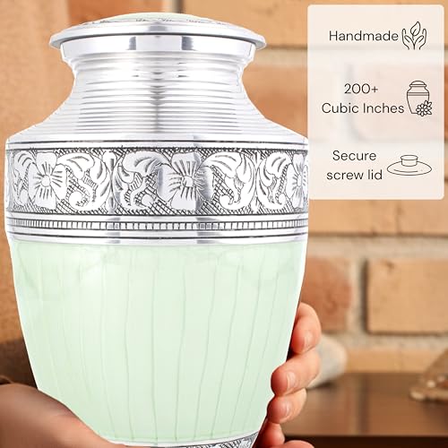 Alpha Living Home Cremation Urn for Human Ashes, Green & Silver - color: Green Silver, size: Hand Engraved