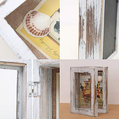 5x7 Shadow Box Frame (Display Area 4x6), Small Shadow Box with Glass, Mini Picture Shadow Box with Hinge, Memory Box for Memorabilia Photos Tickets Conch - Distressed White | Mini Keepsake Display Case, Hinged Solid Wood Shadow Box with Glass Front for Ph