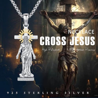 Crucifix Necklace for Men 925 Sterling Silver Jesus Cross Necklace Crucifix Cross Pendant Protection Jewelry for Men Women - style: B03-Hanging Cross-Sun