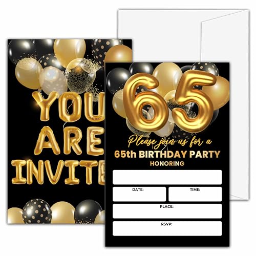 65th Birthday Invitations, Black and Gold, Unique Design Paper, 20 Invites with 20 Envelopes - style: 65th