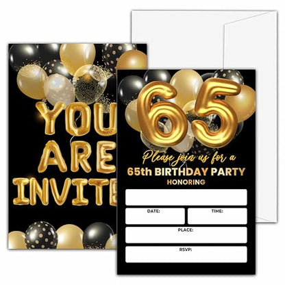 65th Birthday Invitations, Black and Gold, Unique Design Paper, 20 Invites with 20 Envelopes - style: 65th