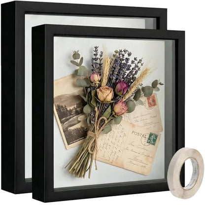 10x10 Shadow Box Frame, Deep Display Case for Flowers Memorabilia Photos | Deep Frame Gift with Crystal Clear Acrylic Front Wall Mount or Tabletop,Hanging Hardware&Double Sided Tape,2 Pack Black