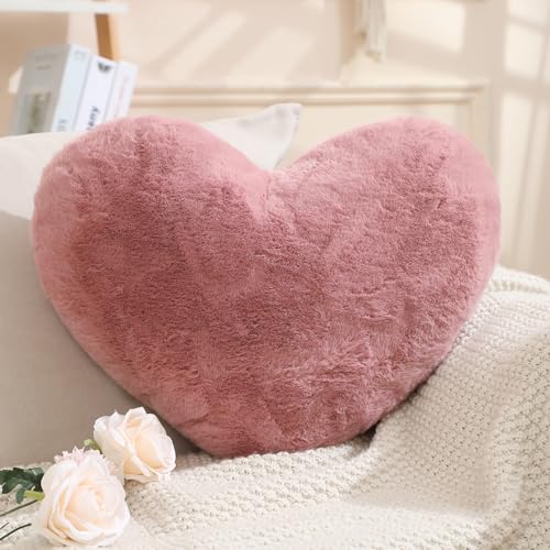 EastTree Heart Pillows, Bean Paste Pink Heart Shaped Pillows, Love Throw Pillows Gifts, Ultra Faux Rabbit Fur Soft Small Cute Fluffy Pillows, Women Girls Kid Living Room Decor 10x13 Inch - color: Bean Paste Pink, size: 10 X 13 inches