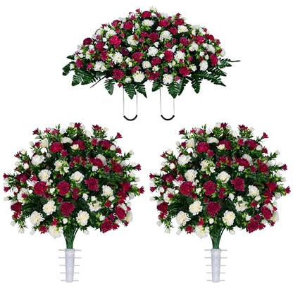 Sympathy Silks Artificial Cemetery Flowers - Gravesite Memorial Arrangment - Beauty & Cream Garden Mums - (1) Saddle (2) Bouquets - color: Beauty & Cream, size: (1) Saddle (2) Bouquets