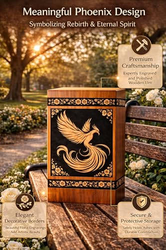 Urn with Phoenix & Floral Engraving – Premium Memorial Urn for Human Ashes – Decorative Funeral Urn Box [Available urn Box in 5 Different Sizes] ((Full Size 14X7.5 600 Cubic INCHES))