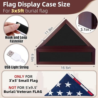 Flag Display Case, Fits Folded 3x5' American Flags (Not for Burial Flag), Military Flag and Certificate Shadow Box with LED Lights, Flag Cases for Wall Mounted or Tabletop