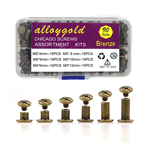 Bronze Chicago Screws Leather Kit, 90 Sets, 6 Sizes (M5 X 4-12) - color: Bronze, size: M5*4.5.6.8.10.12mm