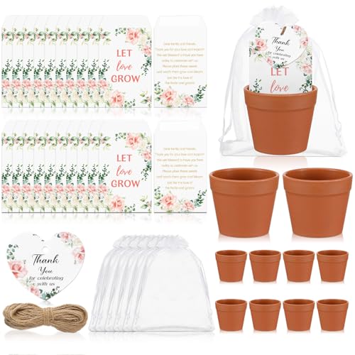 Ctosree 50 Sets Let Love Grow Wedding Favors for Guests Self Adhesive Seed Packets (Seed Not Include) Terracotta Flowerpot Thank You Tags and Organza Gift Bags for Bridal Shower Wedding Party Favors - color: Floral Theme