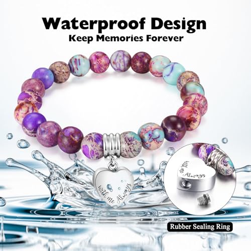 XIUDA Heart Cremation Memorial Urn Bracelet 316L Stainless Steel Keepsake Jewelry Urn Bracelet for Ashes for Women-With Me Always - style: Purple Emperor Stone