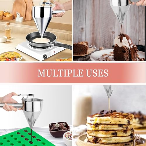 Piston Funnel with Stand - Stainless Steel Confectionery Funnel for Batter Dispensing & Bakery Use - Precise Cake Decorating Tool - Perfect for Pouring Sauces, Chocolate & Fillings | Silver