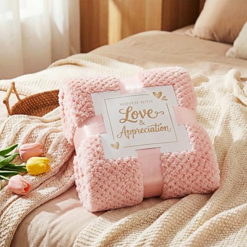 Self Care Gift Basket for Women Pink 7 Piece Set | Soft flannel blanket, silk sleep mask, socks, shower cap, tumbler & gift card. Perfect get well soon, birthday, or mom gifts - color: Pink
