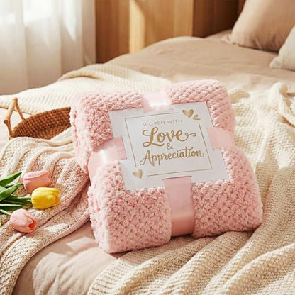 Self Care Gift Basket for Women Pink 7 Piece Set | Soft flannel blanket, silk sleep mask, socks, shower cap, tumbler & gift card. Perfect get well soon, birthday, or mom gifts - color: Pink