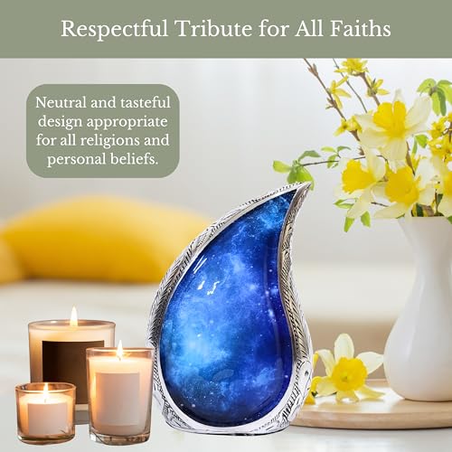 NORSE'S TRADECRAFT Teardrop Urn for Ashes Adult Male & Female with Blue Cosmic Swirl Design | Handcrafted Metal Cremation Urn with Velvet Bag | Memorial Gifts for Funeral - 60 cu in