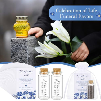 Tanlade 100 Sets Funeral Favors Memorial Seed Big Glass Bottles with Cork Stopper Forget Men Not Funeral Prayer Celebration of Life Card for Loss of Loved Memorial Service, 0.87x1.97in, No Seed