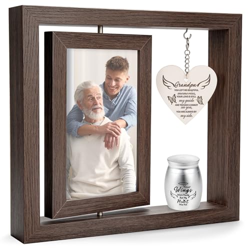 Rotating Wooden Memorial Picture Frame with Urn, 4x6 Photos, Grandfather | Real glass cover, Double-sided display, Heart tag engraving, Secure sealed keepsake, Holds ashes hair or petals, Rustic style - color: Grandpa