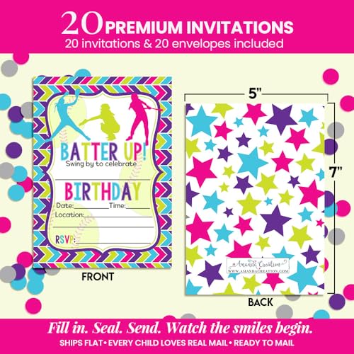 Amanda Creation Batter Up Softball Themed Birthday Party Invitations, 20 5x7 Fill-In Cards with Twenty White Envelopes - style: Batter Up Softball