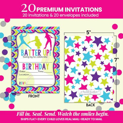 Amanda Creation Batter Up Softball Themed Birthday Party Invitations, 20 5x7 Fill-In Cards with Twenty White Envelopes - style: Batter Up Softball