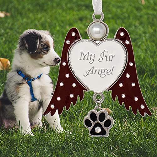 Pet Memorial Ornament Angel Wings with Paw Print Charm, My Fur Angel Engraved Heart, Rhinestone Jeweled Wings Hanging Remembrance Ornament, Dog Cat Loss Sympathy Gift, Pet Memorial Gift