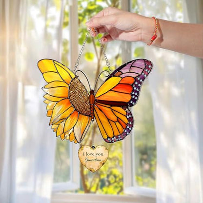 Butterfly Sunflower Acrylic Suncatcher with Card, I Love You Grandma Hanging with Heart Charm & Gift Card, Grandma Suncatcher, for Nana from Kids Grandkids - color: Grandma Butterfly Sunflower
