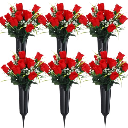 Tigeen 6 Set Cemetery Memorial Flowers for Grave Decor,Red | 12 Bunches 84 Heads, Artificial Silk Rose Floral Bouquet with Grave Vase for Gravesite Cemetery Headstones Decorations - color: Red