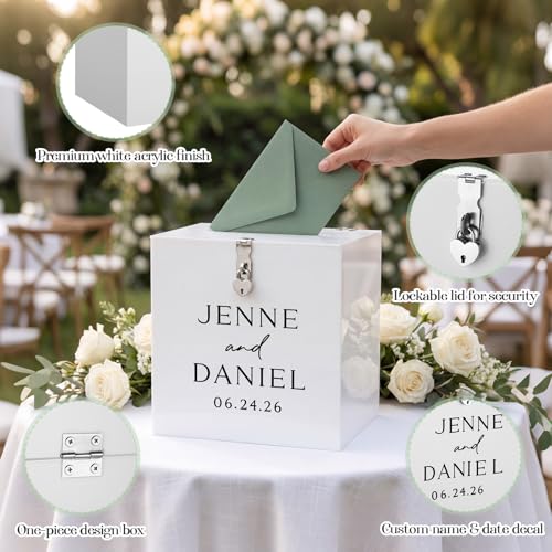 Novabright 10 Inches Wedding Acrylic Card Box with Slot Lock and Last Name Transfers Money Box for Bridal Shower Wedding, Baby Shower Birthday Party, No Assembly Needed(White,Elegant Style) - color: White, style: Elegant Style
