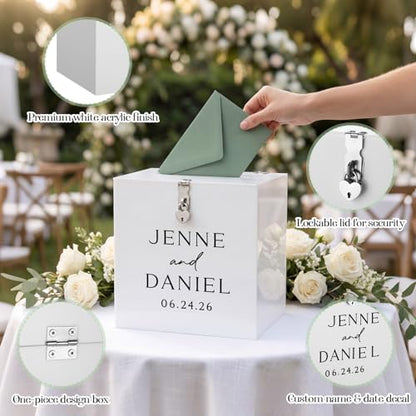 Novabright 10 Inches Wedding Acrylic Card Box with Slot Lock and Last Name Transfers Money Box for Bridal Shower Wedding, Baby Shower Birthday Party, No Assembly Needed(White,Elegant Style) - color: White, style: Elegant Style