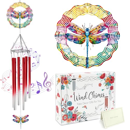 Dragonfly Wind Chimes for Outside with Wind Spinner, Outdoor Summer Garden Patio Yard Porch Decor, Colorful Dragonfly Wind Chime with Gift Box, Birthday Housewarming Gifts for Women Mom - color: Dragonfly